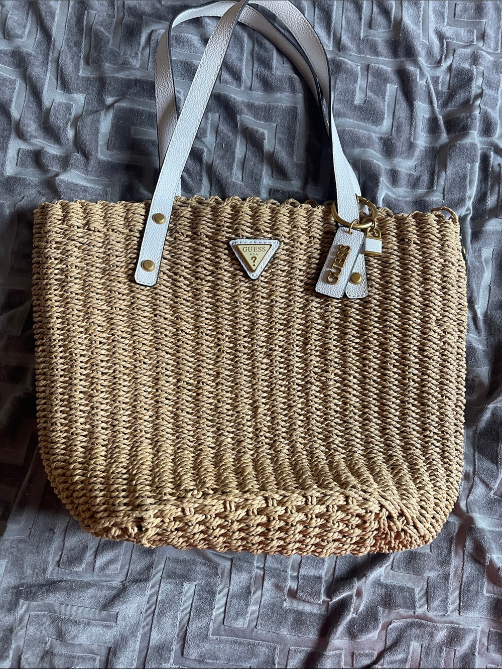 GUESS Tan Straw Tote with White Leather Handles